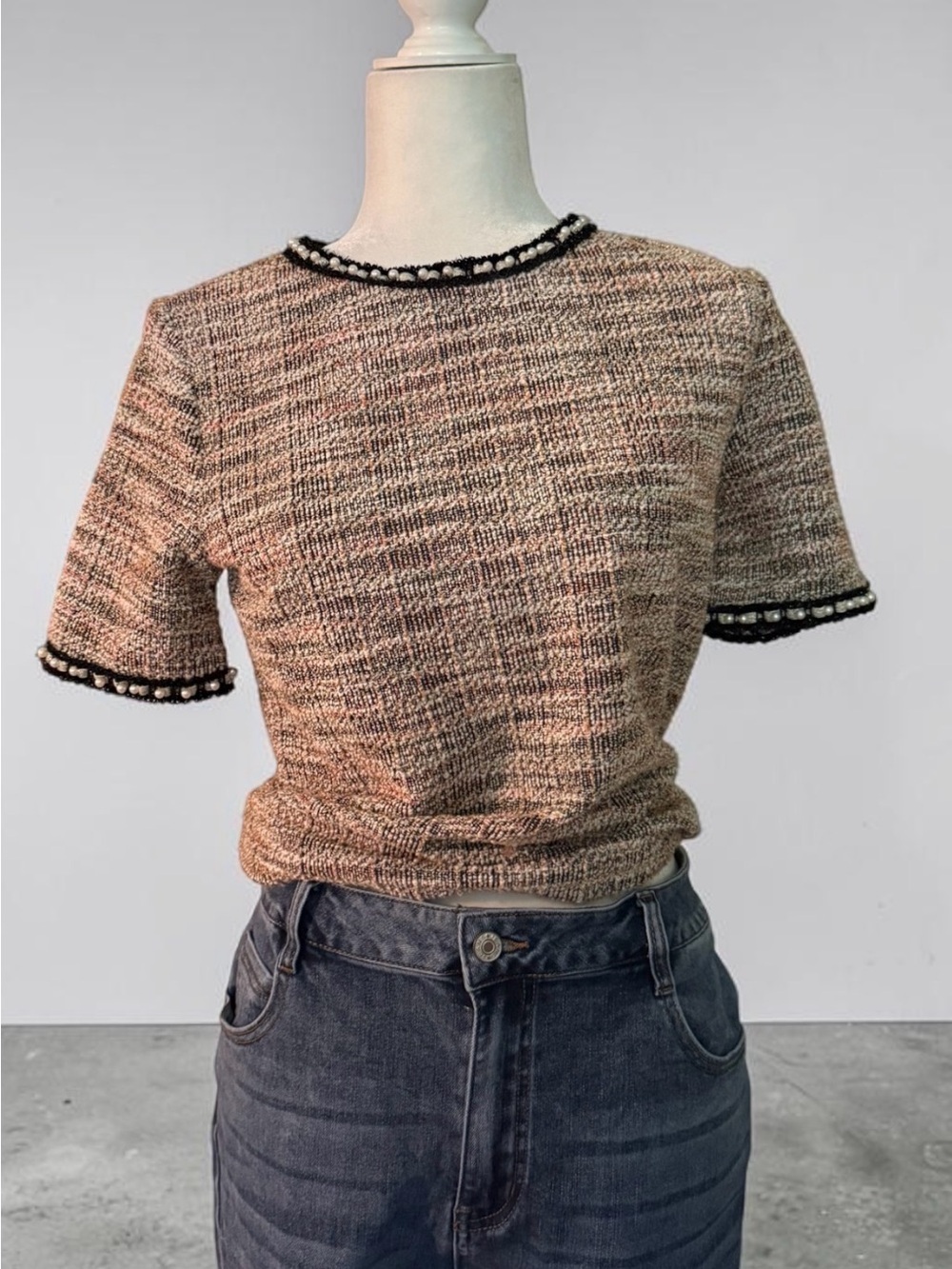 Zara Textured Short-Sleeve Knit Top in Neutral Tweed